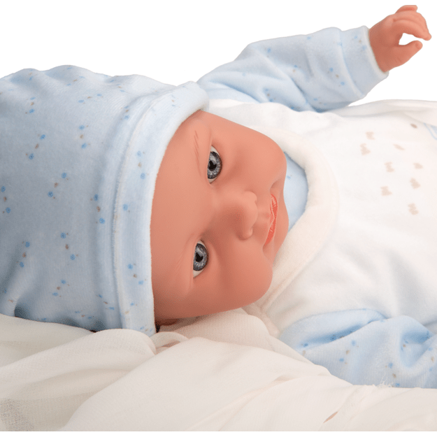 Arias kūdikėlis su garsu, žydrais rūbeliais, 42 cm 2