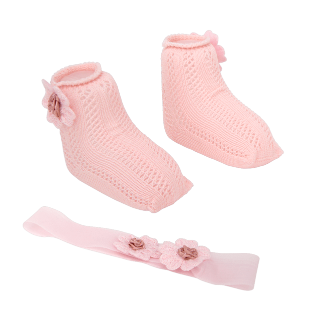 Arias lėlės kūdikio nertų kojinyčių ir lankelio rinkinys, rožinis