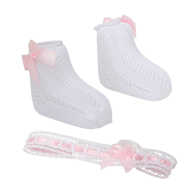 Arias lėlės kūdikio nertų kojinyčių ir lankelio rinkinys, baltas